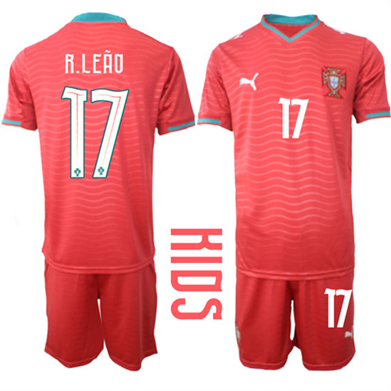 Youth Portugal #17 R.LEAO National Team FIFA x World Cup 2026 Home Red On Eusebio special edition Kids Jersey