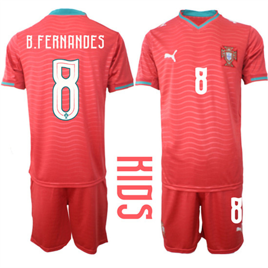 Youth Portugal #8 B.FERNANDES National Team FIFA x World Cup 2026 Home Red On Eusebio special edition Kids Jersey