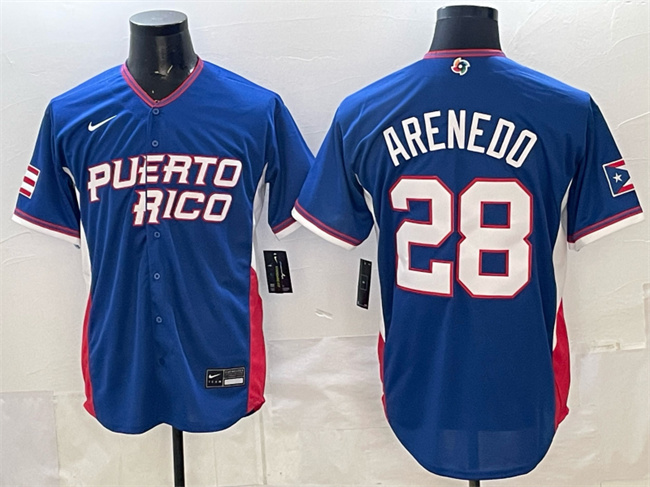Men's Puerto Rico Baseball #28 Nolan Arenado Royal 2026 World Baseball Classic Road Stadium Stitched Jersey