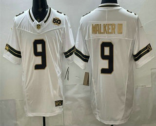 Men's Seattle Seahawks #9 Kenneth Walker III White Gold FUSE 50th Season Patch Vapor Limited Stitched Jersey
