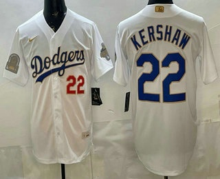 Men's Los Angeles Dodgers #22 Clayton Kershaw White Gold World Series Champions Collection Limited Jersey