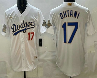 Men's Los Angeles Dodgers #17 Shohei Ohtani White Gold World Series Champions Collection Limited Jersey