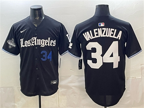 Men's Los Angeles Dodgers #34 Fernando Valenzuela Black 2025 World Series Champions Patch 'Gothic Edition' Vapor Premier Limited Stitched Baseball Jersey
