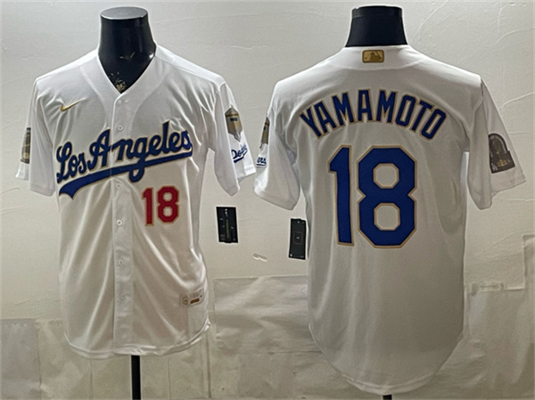 Men's Los Angeles Dodgers #18 Yoshinobu Yamamoto White 2026 Gold Collection 9x & B2B Champs Patch Stitched Baseball Jersey