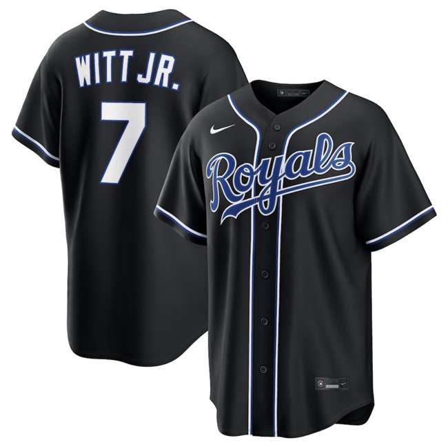 Men's Kansas City Royals #7 Bobby Witt Jr. 2026 Fashion Replica Black Out Stitched Baseball Jersey