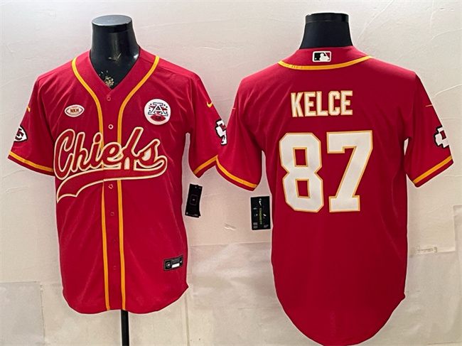 Men's Kansas City Chiefs #87 Travis Kelce Red With NKH Patch Cool Base Stitched Baseball Jersey