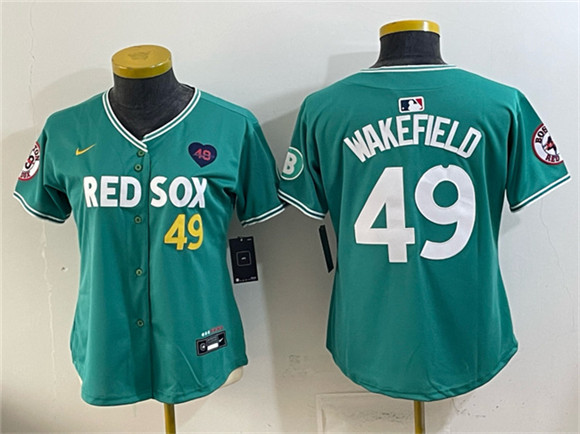 Women's Boston Red Sox #49 Tim Wakefield Memorial Patch Green 2025 City Connect Limited Stitched Baseball Jersey(Run Small)