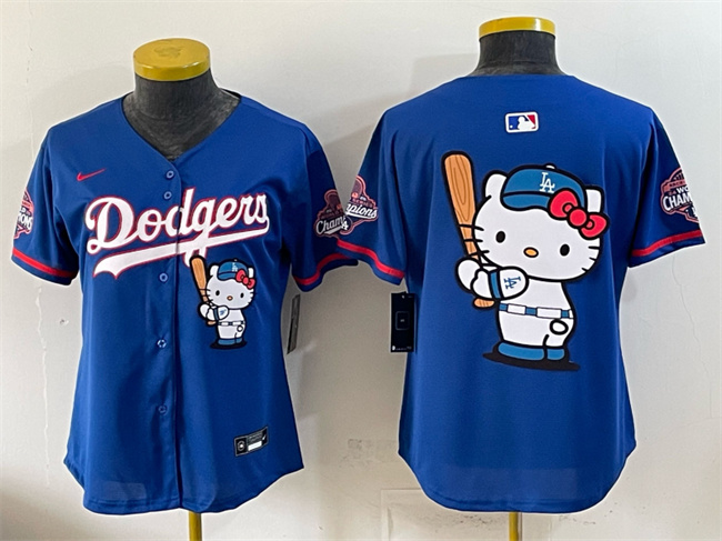 Women's Los Angeles Dodgers Team Big Logo Royal Hello Kitty Night 2025 World Series Champions Patch Stitched Baseball Jersey(Run Small)