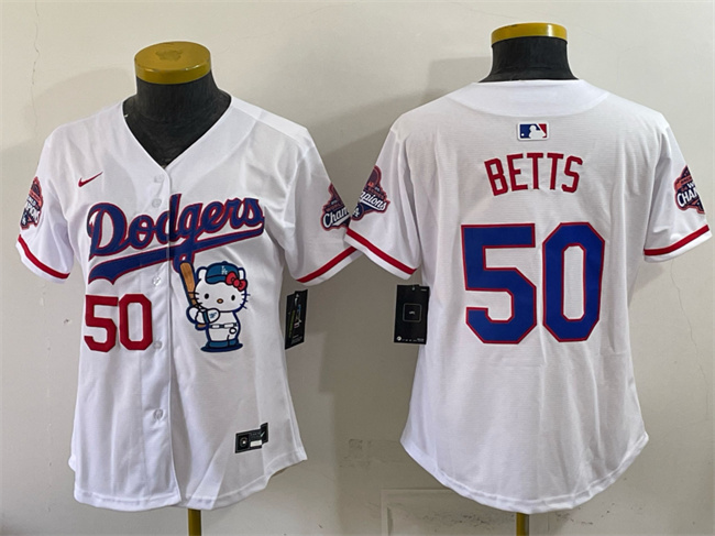Women's Los Angeles Dodgers #50 Mookie Betts White Hello Kitty Night 2025 World Series Champions Patch Stitched Baseball Jersey(Run Small)