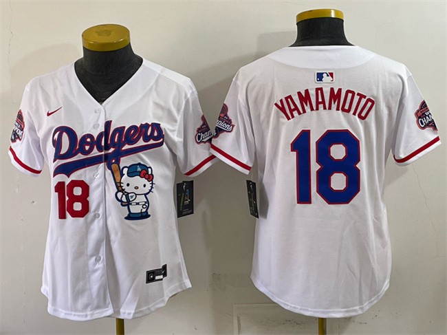 Women's Los Angeles Dodgers #18 Yoshinobu Yamamoto White Hello Kitty Night 2025 World Series Champions Patch Stitched Baseball Jersey(Run Small)