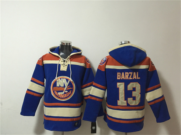 Men's New York Islanders #13 Mathew Barzal Royal Ageless Must-Have Lace-Up Pullover Hoodie