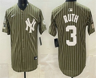 Men's New York Yankees #3 Babe Ruth Olive Pinstripe 2026 Armed Forces Day Salute To Service Jersey