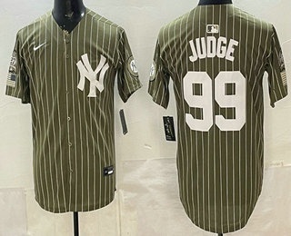 Men's New York Yankees #99 Aaron Judge Olive Pinstripe 2026 Armed Forces Day Salute To Service Jersey