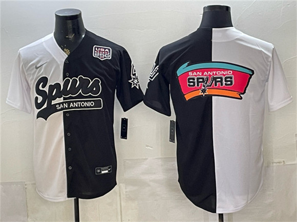 Men's San Antonio Spurs Team Big Logo White Black Split USA 250' Patch Stitched Baseball Jersey