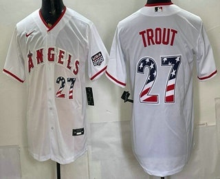 Men's Los Angeles Angels #27 Mike Trout White USA 250 Fourth of July Home Stadium Stitched Jersey